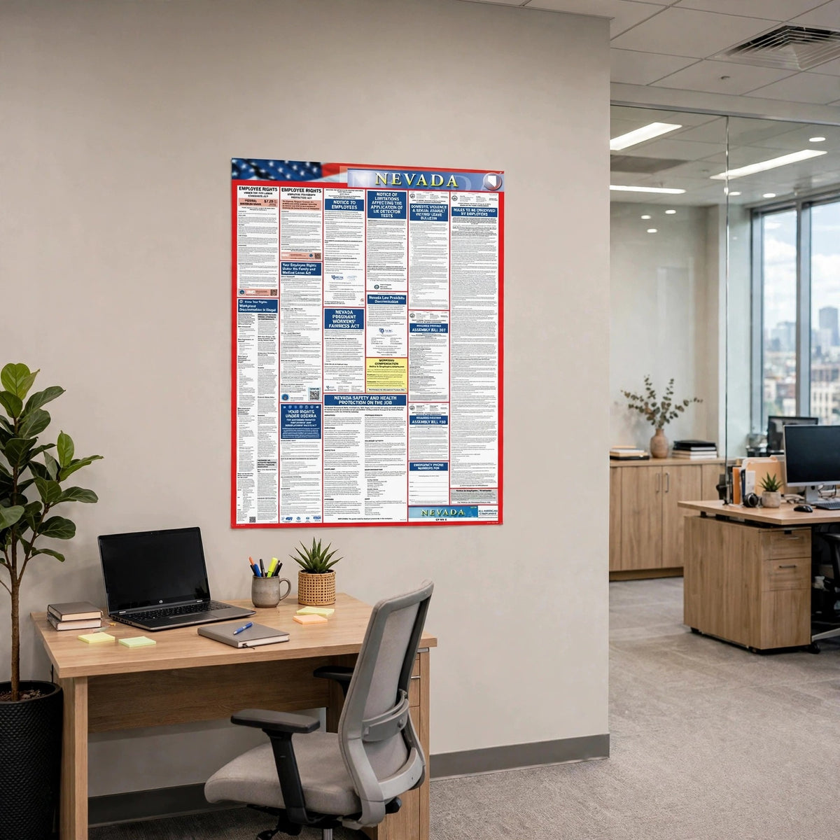 Nevada labor law poster on an office wall.