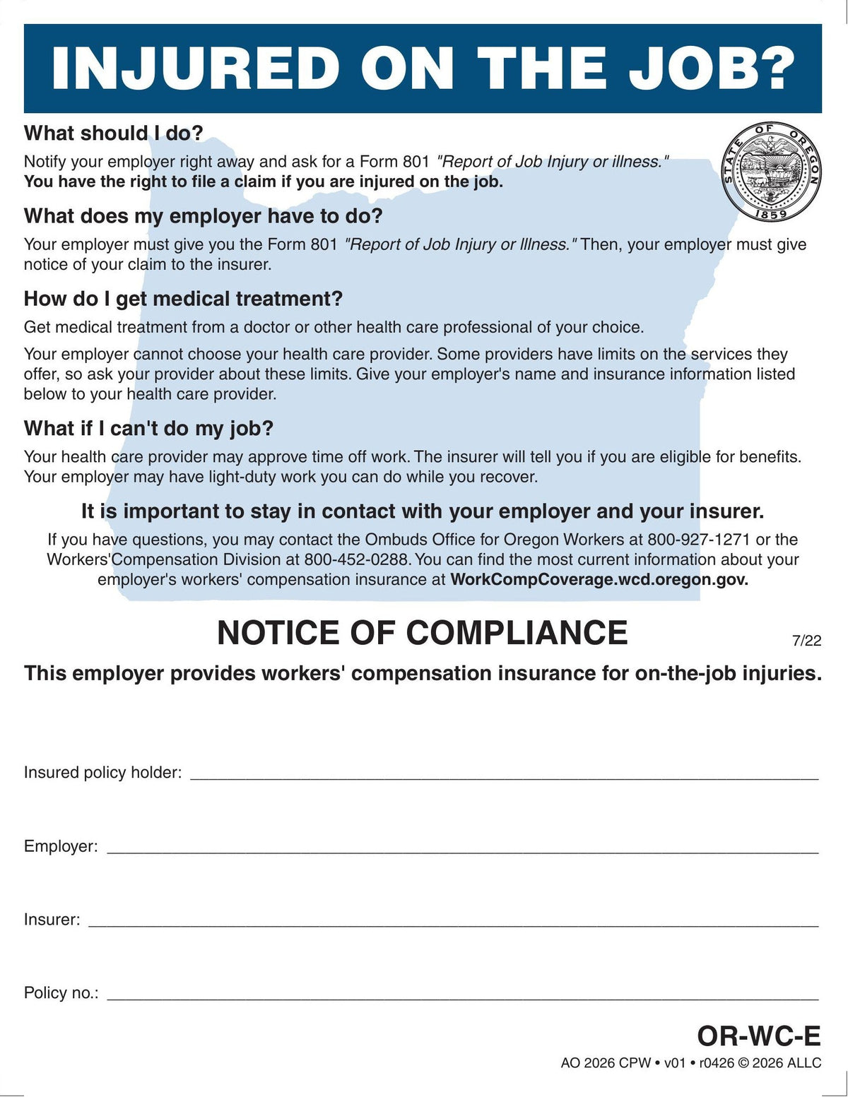 Oregon Workers' Compensation Notice of Compliance Poster