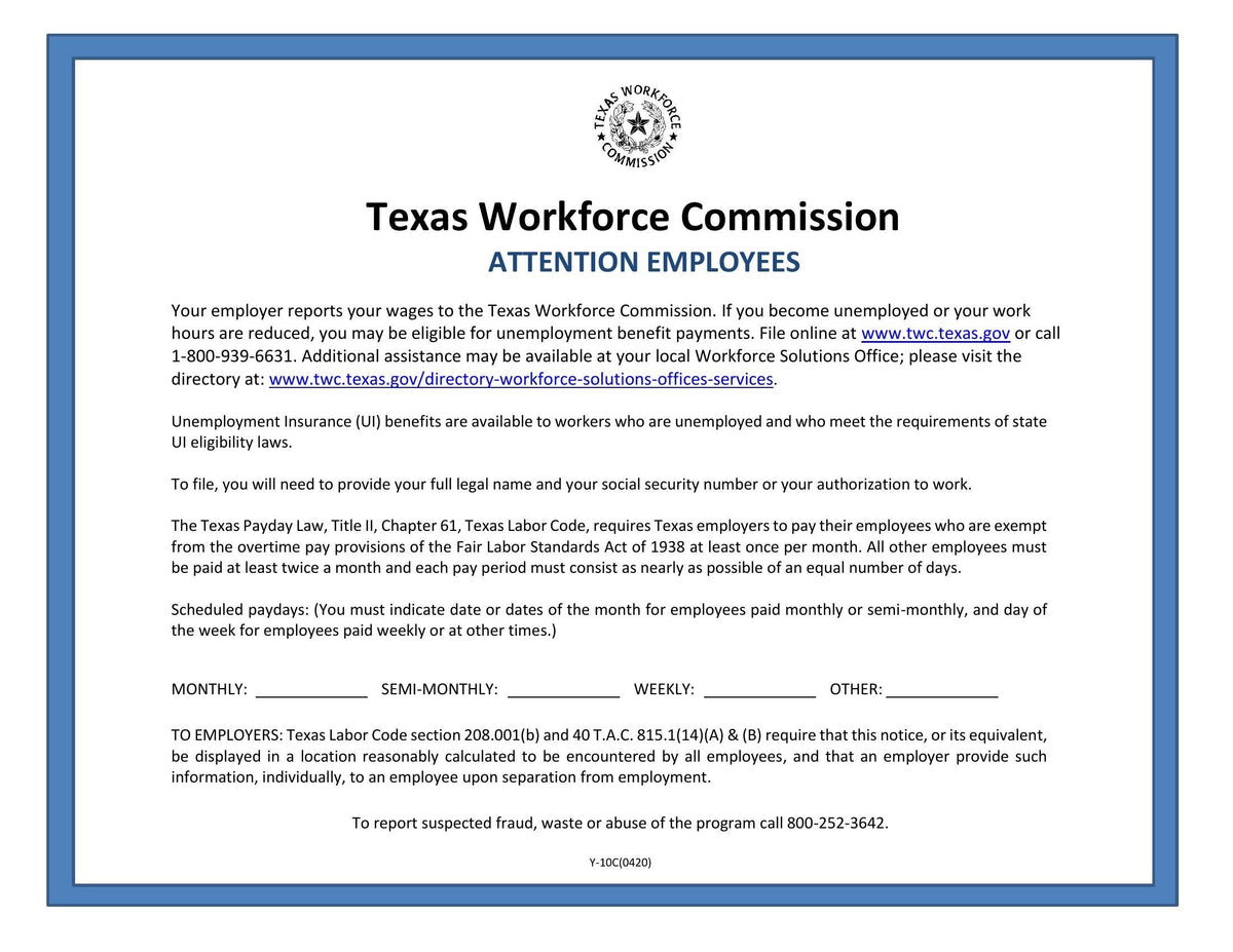 Texas Payday Law and Unemployment Insurance Notice Poster